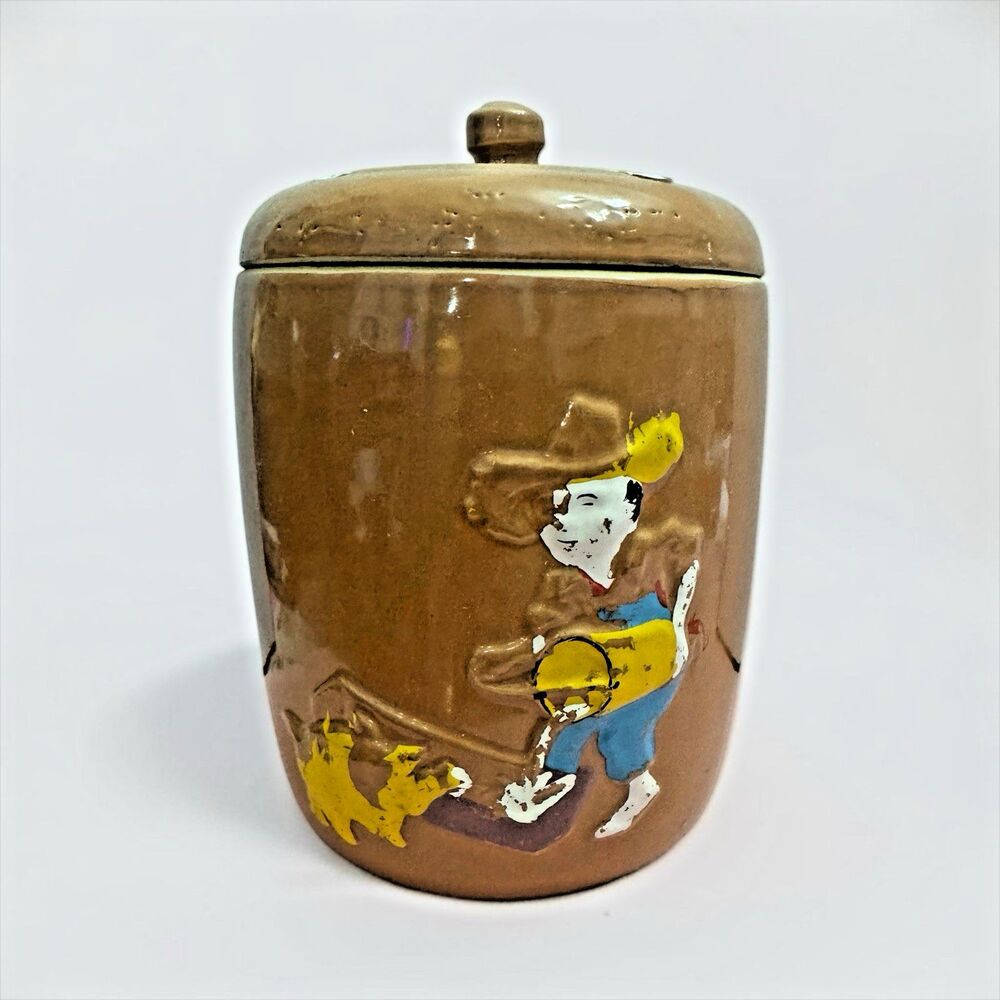 Vintage Yellowware Slop For The Dog Cookie Jar Cowboy Western 9" Brown Ceramic